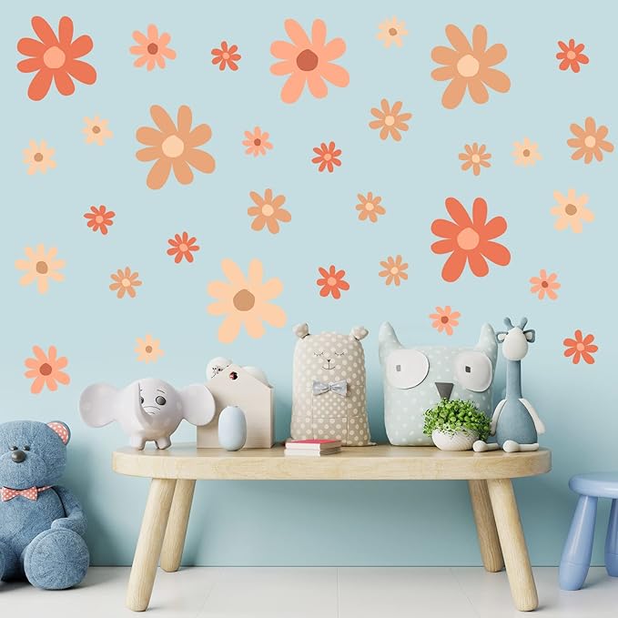 TaoBary 12 Sheets Daisy Wall Decal Flower Wall Sticker Cute Daisy Sticker Pink White Flower Decal Peel and Stick Floral Wallpaper for Nursery Bedroom Home Decor(Orange,Colorful Style)