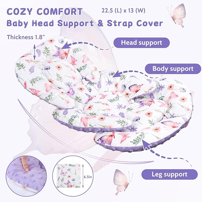 Pea Pod Infant Car Seat Insert with Strap Covers, All in One Reversible Baby Car Seat Head Support for Newborn, 3D Soft Minky Carseat Cushion for Preemie to Infant, Stroller, Swing, Bouncer, Butterfly