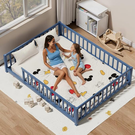 LLS Full Floor Bed for Kids Toddlers, Solid Wood Multifunctional Montessori Bed Frame with Safety Guardrails, Without Door, Easy Assemble, Mist Blue
