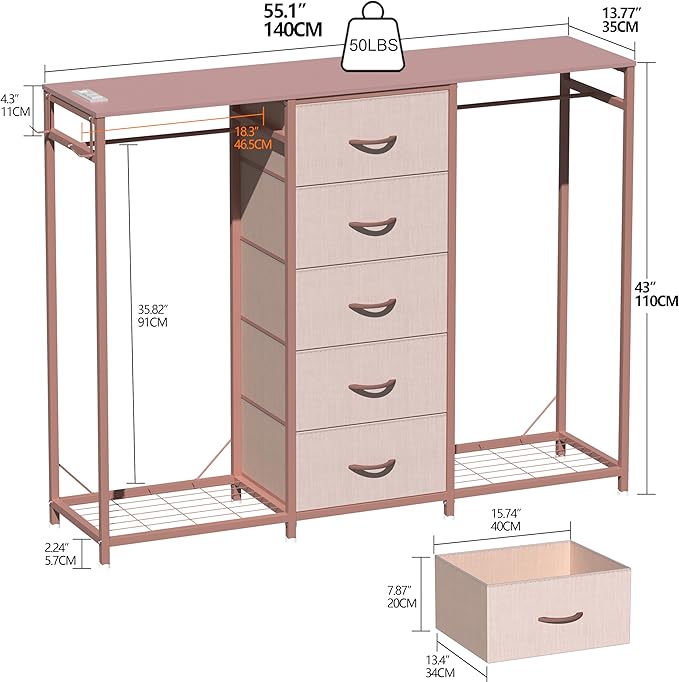 Dresser for Bedroom with Clothes Rack 5 Drawer Dresser with Charging Station LED Lights White Chest of Drawers Flexible Shelf and Open Storage Space for Bedroom Living Room (Pink)