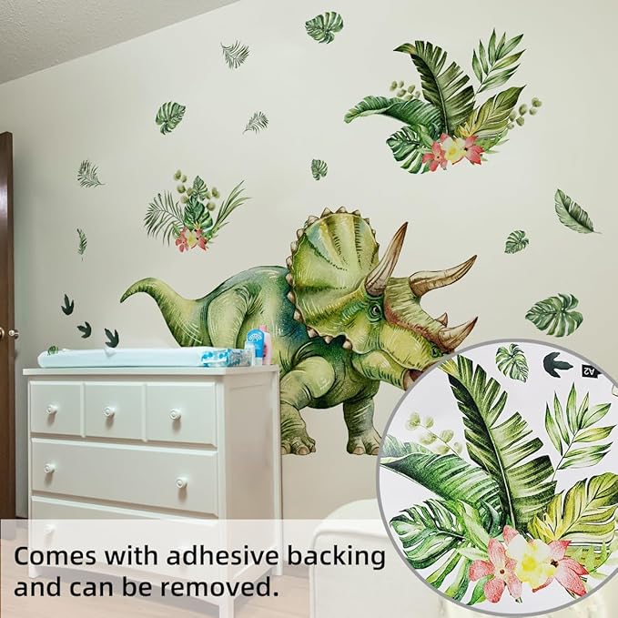 Large Dinosaur Wall Stickers, Geen Triceratops Dino with Plantain Leaf, Wall Decals Peel and Stick Decal for Nursery Kids Room Décor