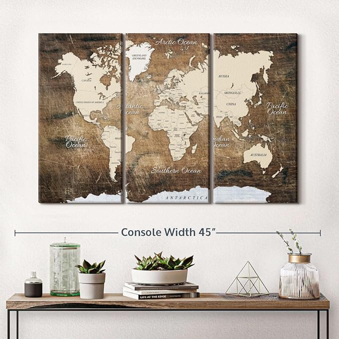 ElephantStock Aged Brown World Map I Wall Art - 3 Piece Canvas World Map Wall Decor - Ready-to-Hang Canvas Print - Vintage Wall Art - 38" X 24"