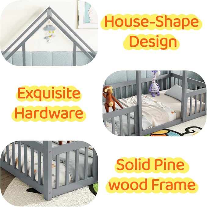 Casaphoria Twin Size House-Shaped Montessori Bedframe, Solid Pine Wood Kids Bed Frame, Toddler Floor Bed with Door & Fence for 1-3 Years Old Kids, Grey