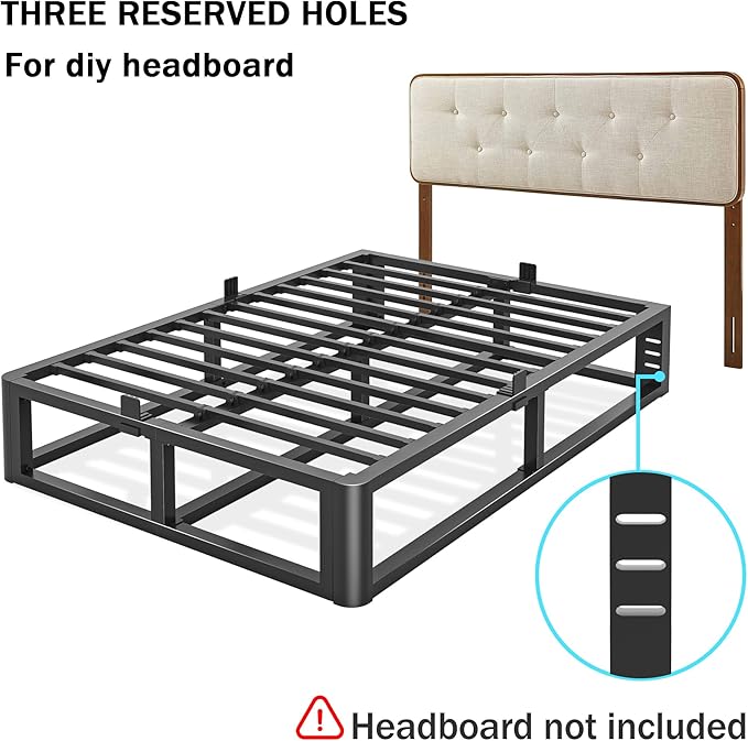 Metal Heavy Duty 14 inch Queen Bed Frame with Rounded Corner and Headboard Hole Mattress Retainers 3500 LBS No Box Spring Needed Platform Noise Free Easy Assembly