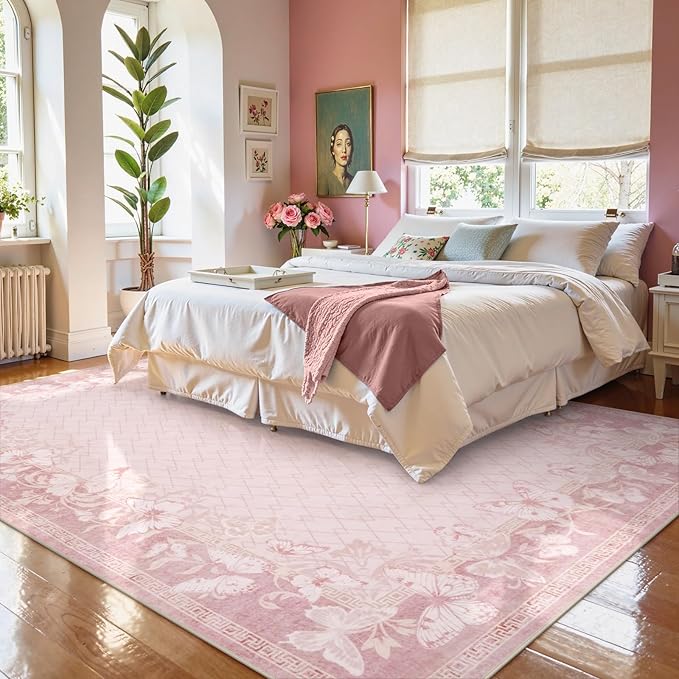 STARUIA Washable 8x10 Area Rugs for Living Room, Pink Rugs for Bedroom Girls, Non-Slip Soft Butterfly Rug Dining Room Non-Shedding Large Carpet for Nursery Dorm Office Indoor Decor (Pink,8'x10')