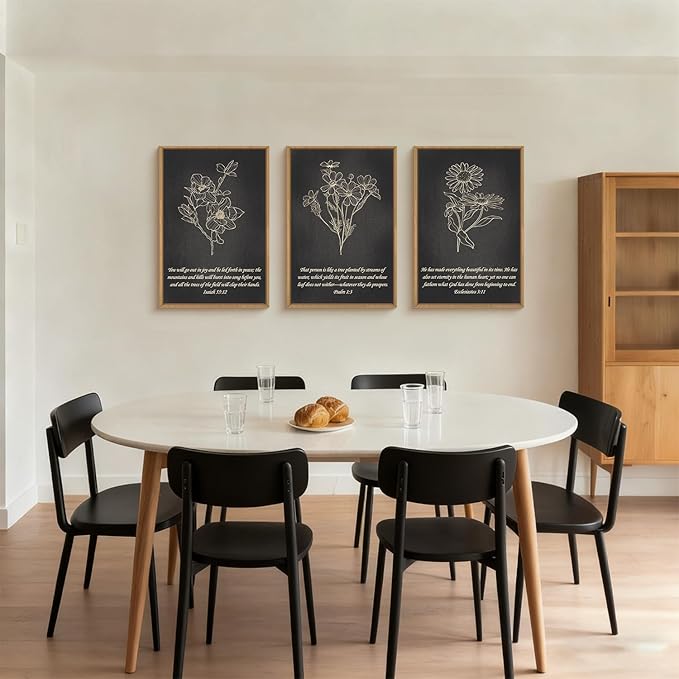 FWIEXA Black Christian Bible Verse Canvas Wall Art Set of 3, Minimalist Scripture Wall Decor, Religious Beige Abstract Floral Painting, 16x24In Vintage Artwork for Living Room,Bedroom,Prayer Room