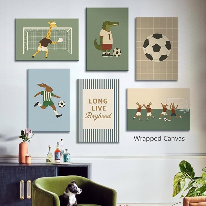 Soccer Posters, Nursery Animal Sports Posters, Long Live Boyhood Inspirational Quote Print, Football Athletes Giraffe Rabbit Crocodile Pictures, Boys Bedroom Sports Artwork 8x12in Unframed