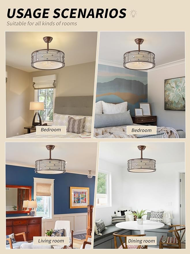 20" Farmhouse Fandelier Ceiling Fan with Light, Rustic Chandelier Ceiling Fans with Lights Remote Control, Caged with 6 Speeds for Bedroom, Living Room, Nursery
