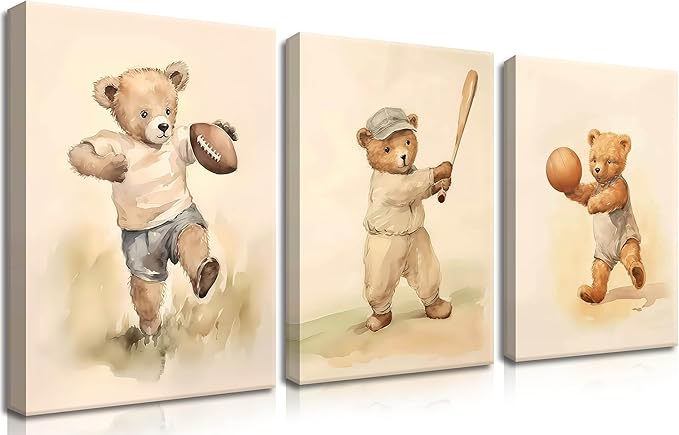 Bear Rugby Sports Nursery Canvas Wall Art Set of 3 - Cute Vintage Baby Bear Pictures Paintings Poster Prints, Nursery Animal Wall Decor for Children Bedroom Boy Room Decoration 16x24 inch Framed