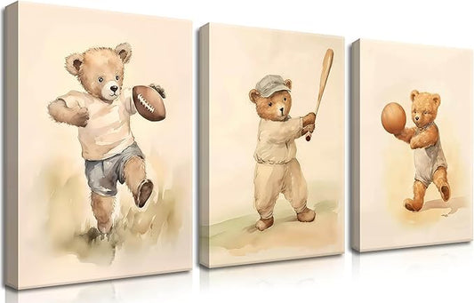 Bear Rugby Sports Nursery Canvas Wall Art Set of 3 - Cute Vintage Baby Bear Pictures Paintings Poster Prints, Nursery Animal Wall Decor for Children Bedroom Boy Room Decoration 16x24 inch Framed