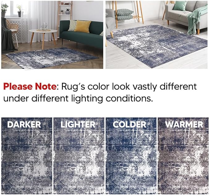 Keen Home Design Area Rugs - 8x10 Non-Shedding, Abstract Rugs for Kitchen, Living Room, Bedroom, Dining Room, Entryway - Size: 7'3" x 10'2", Navy/Grey/White