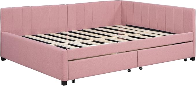 Harper & Bright Designs Full Size Upholstered Daybed with 2 Storage Drawers Sofa Bed Frame for Boys Girls Kids Adults Toddler No Box Spring Needed, Linen Fabric (Pink)