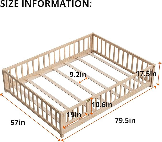 i-POOK Full Floor Bed for Children, Sturdy Wood Montessori Bed Frame with Wood Slats, Fence & Door, Montessori Floor Bed for Girls and Boys, Natural (with Bed Slats)