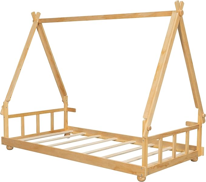 Montessori Floor Bed Twin with Tent & Light, Wood Twin House Beds for Kids, DIY Playhouse, Low-Profile Teepee Bed, Playful Indoor Adventure & Sleep for Girls Boys,Natural+White