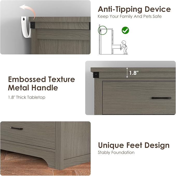Farmhouse 5 Drawer Dresser for Bedroom, 47" Tall Chest of Drawers, Wood White Dresser with Deep Drawers, Storage Dressers Organizer for Bedroom, Living Room, Hallay, Grey