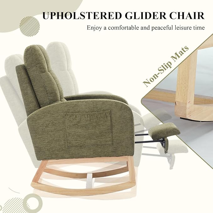 Nursery Rocking Chair, Polyester Upholstered Glider Chair with Footrest, Comfy Rocker Chair, Accent Chair with High Backrest, Glider Rocker, Armchair for Living Room (Green Linen)