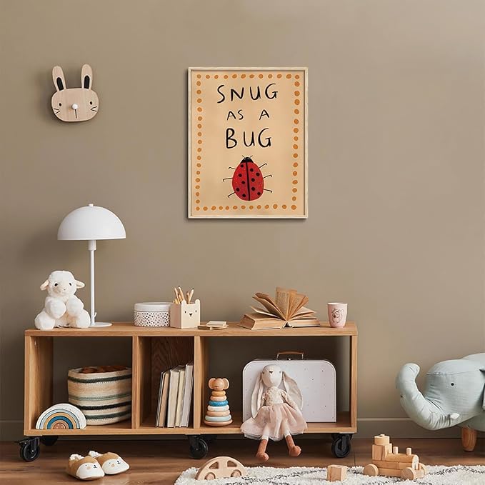 KISSFOX Framed Wall Art Nursery Wall Decor Ladybug Pictures Sung As A Bug Canvas Art Cute Insect Paintings Artwork For Kids Children Boys Girls Room