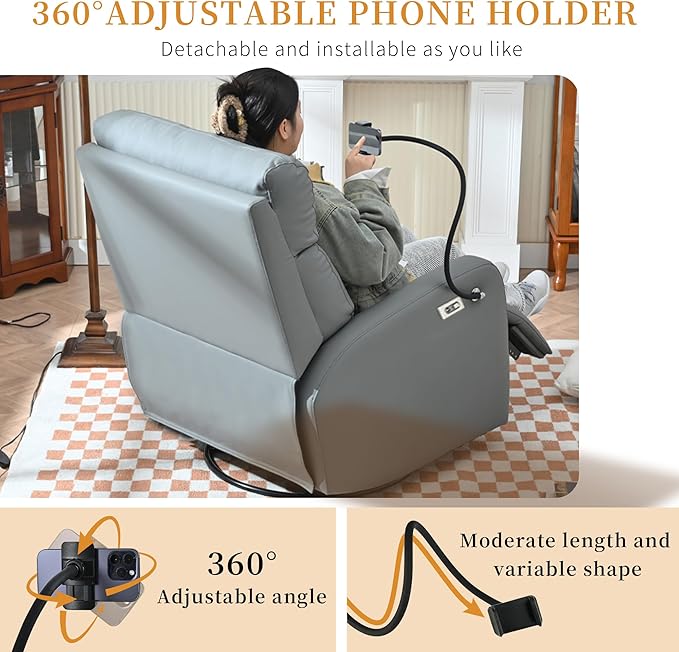 Power Swivel Rocker Recliner Chair for Nursery, Upholstered 270° Swivel Glider Chair with Phone Holder, USB Ports, Power Recliners for Small Spaces Living Room, Grey