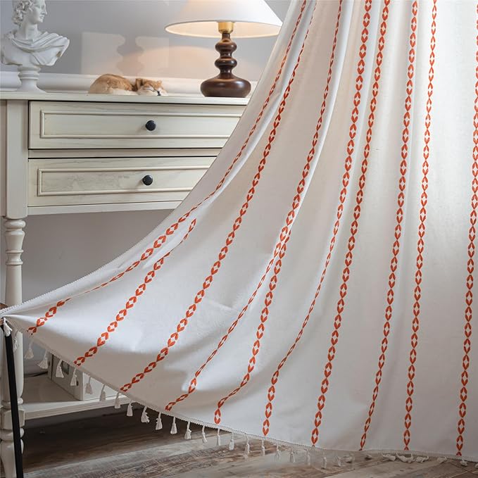 Deeprove Rust Orange Boho Curtains 96 inches Length for Living Room Bedroom Nursery, Bohemian 96" Long Embroidery Farmhouse Tassel Privacy Home Decor Accent for Fall Halloween, W52 x L96, 1 Panel