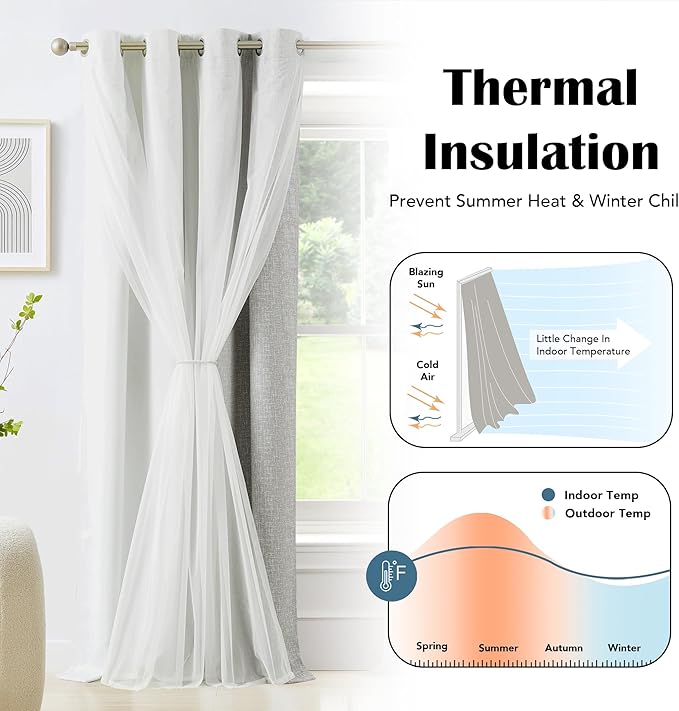 100% Blackout Curtains with Sheer Overlay Mix and Match Double Layer Drapes 63 Inch Length 2 Panels for Bedroom Living Room Grey White Ombre Grommet Window Treatment with Tiebacks
