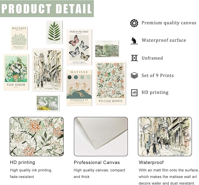 uniro Sage Green Eclectic Wall Art Prints, 9 Pcs Matisse Wall Art Exhibition Posters for Room Aesthetic, Van Gogh William Morris Matisse Picasso Green Eclectic Gallery Wall Decor, Maximalist Canvas