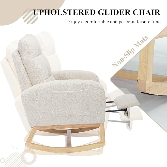 Nursery Rocking Chair, Polyester Upholstered Glider Chair with Footrest, Comfy Rocker Chair, Accent Chair with High Backrest, Glider Rocker, Armchair for Living Room (White Teddy)
