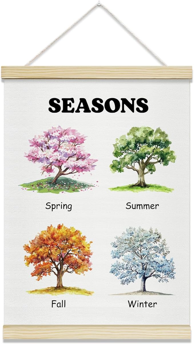 Seasons Trees Canvas Poster Hanger Frame, Spring Summer Autumn Winter Wall Art for Kids, Educational Wall Decor for Classroom Nursery Playroom Bedroom -033