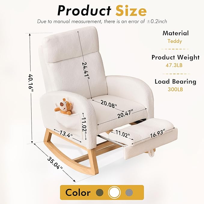 FOXHUNTER Rocking Chair for Nursery with High Backrest & Foot Rest-Nursery Rocking Chairs with Side Storage Pocket for Breastfeeding,Modern Glider Chair for Baby Bedroom,Living Room,Teddy White