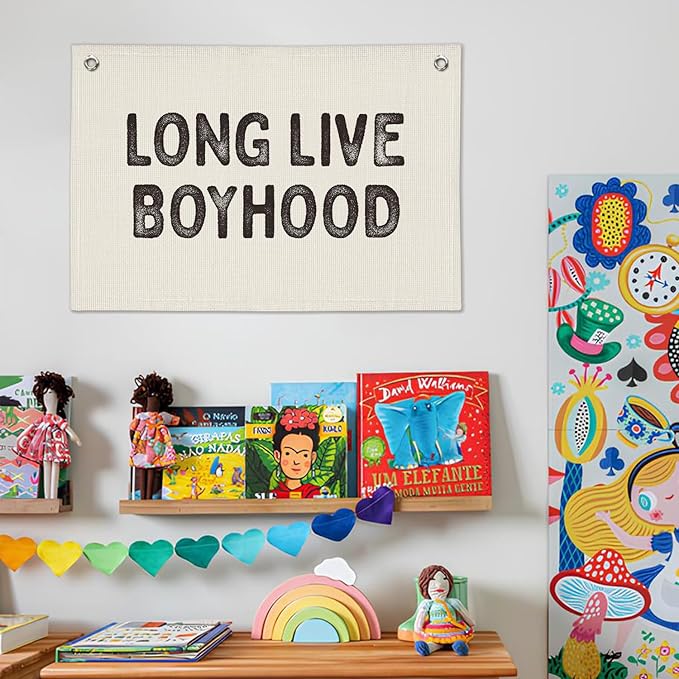 Long Live Boyhood Banner, Boys Room Decor, Vintage Linen Banner Wall Hanging Flag Decor for Toddler Boy Room Nursery Playroom