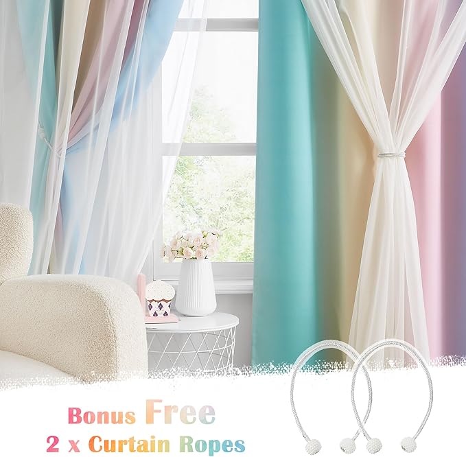 100% Blackout Curtains with Sheer Overlay Mix and Match Double Layer Drapes 63 Inch Length 2 Panels for Room Bedroom Ombre Rainbow Grommet Window Treatment with Tiebacks