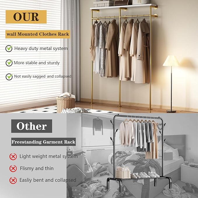 Industrial Pipe Clothing Rack, Wall Mounted Clothes Rack Gold Clothing Rack with Shelf Wardrobe Multi-Purpose Storage Clothes Hanging Shelf-59''L Gold