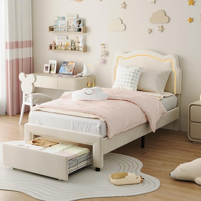 GarveeHome Twin Upholstered Smart LED Bed Frame with Headboard and LED, Velvet Princess Platform Bed Frame, Wooden Slats Support, No Box Spring Needed (Beige with Drawer, Twin)