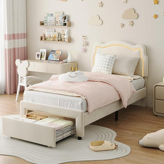 GarveeHome Twin Upholstered Smart LED Bed Frame with Headboard and LED, Velvet Princess Platform Bed Frame, Wooden Slats Support, No Box Spring Needed (Beige with Drawer, Twin)
