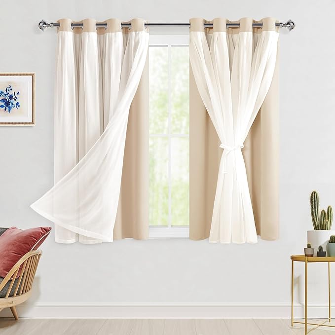 Hiasan Blackout Curtains with Sheer Overlay, Grommet Thermal Insulated Privacy Mix and Match Double Layer Window Curtains for Girls Bedroom, Living Room, 2 Drape Panels with Tiebacks, Beige, 52W X 54L