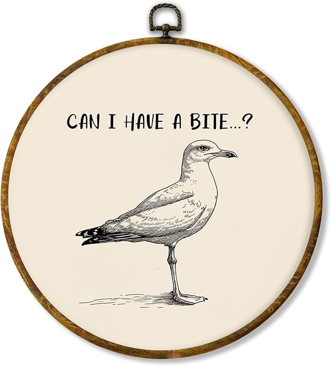 Hiuwevt Vintage Seagull Bird Round Wall Art Decor, Minimalist Black and White Beachy Hanging Canvas Prints Artwork Framed, Coastal Beach Gull Circular Wall Decor for Home Kitchen, 10x10 Inch