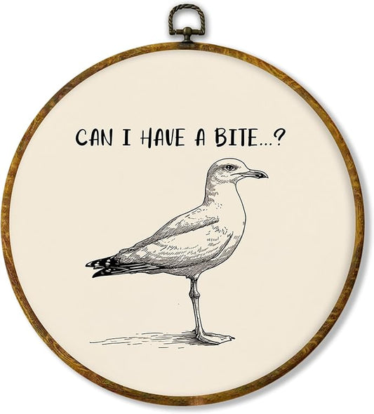 Hiuwevt Vintage Seagull Bird Round Wall Art Decor, Minimalist Black and White Beachy Hanging Canvas Prints Artwork Framed, Coastal Beach Gull Circular Wall Decor for Home Kitchen, 10x10 Inch