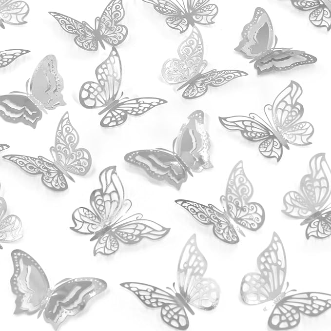 96 Pcs Butterfly Decorations 3 Sizes 4 Styles 3D Butterfly Wall Decor Party Decorations Butterflies for Crafts Birthday & Wedding Celebrations Cake Decorating Balloons Removable Stickers Silver