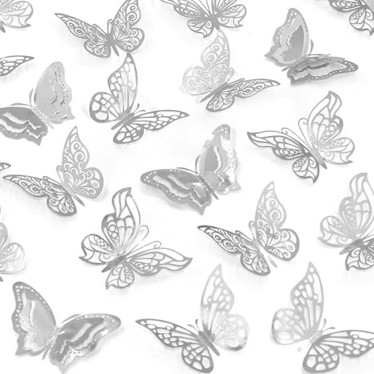 96 Pcs Butterfly Decorations 3 Sizes 4 Styles 3D Butterfly Wall Decor Party Decorations Butterflies for Crafts Birthday & Wedding Celebrations Cake Decorating Balloons Removable Stickers Silver