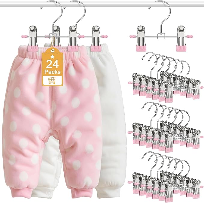 24 Pack Baby Hangers with Clips, 360°Rotatable Toddler Pant Hangers with Clips, Non-Slip Space Saving Kids Hanger for Newborn Children Clothes Skirts Boots Closet Organizers, Pink