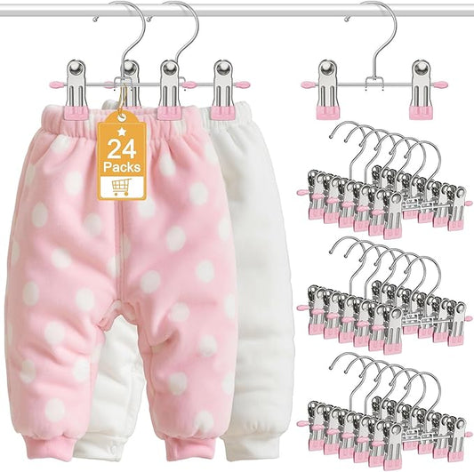 24 Pack Baby Hangers with Clips, 360°Rotatable Toddler Pant Hangers with Clips, Non-Slip Space Saving Kids Hanger for Newborn Children Clothes Skirts Boots Closet Organizers, Pink