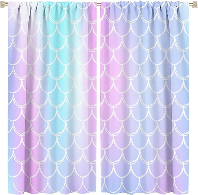 Fantasy Mermaid Curtain Rainbow Mermaid Scales Purple Pink Blue Ocean Theme Dream Blackout Window Treatment for Kids Boys Girls Bedroom Nursery Room Decor Rod Pocket Window Drapes 63x63in
