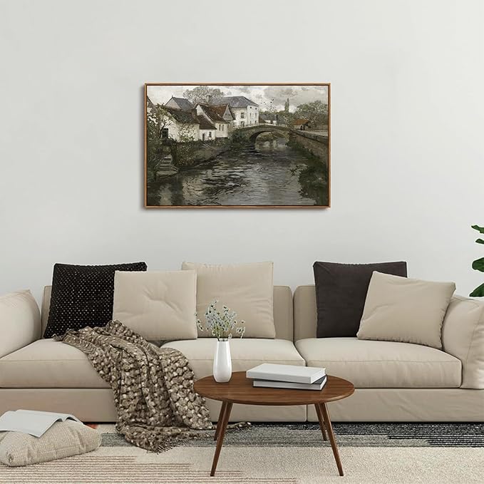 OIQArtOIQ Vintage Landscape Canvas Wall Art Framed Natural Scenery Painting Artwork Prints France Country Wilderness Farmhouse Decor Pictures Kitchen Bedroom Living Room Bathroom