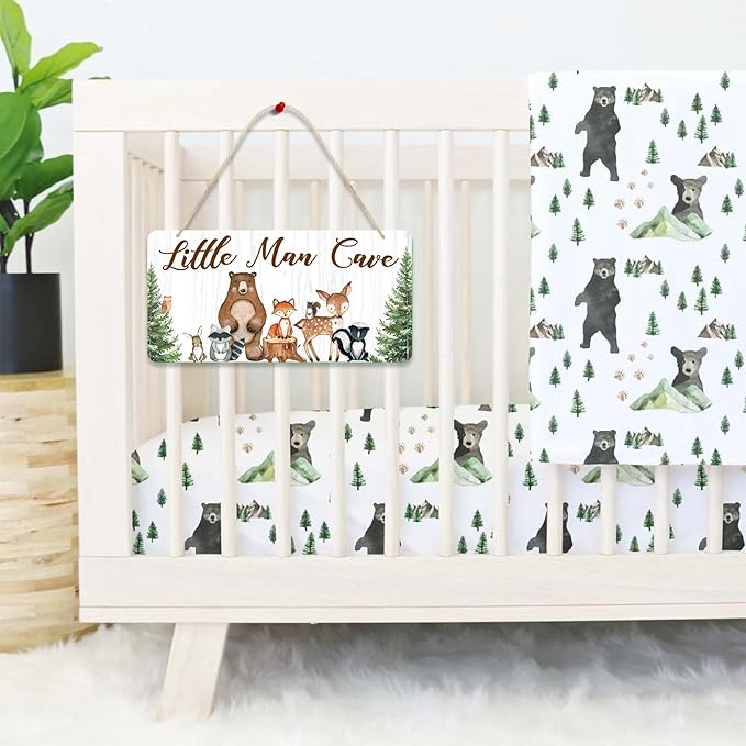 Uflashmi Wood Liitle Man Cave Sign, Woodland Animal Nursery Wall Decor for Baby Boys Room, Woodland Theme Nursey Room Decor for Toddler Boy, 12”x6”