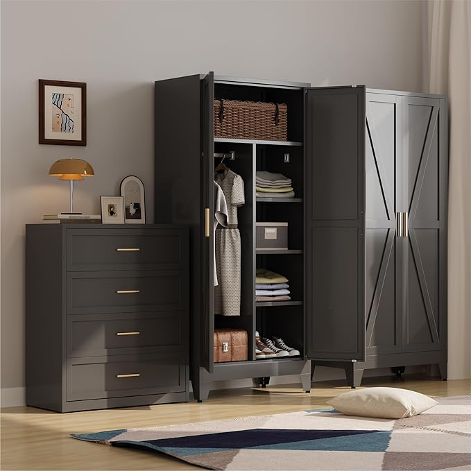 Metal armoire Wardrobe Closet with Hanging Rod,71'' Metal Wardrobe Cabinet with 2 Doors and 4 Adjustable Shelves, Bedroom armoires,Laundry Room cabinets,armario de ropa Closet