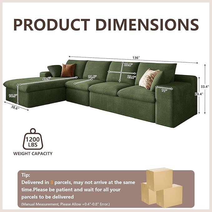 136 Inch Cloud Sectional Couch, Modern Modular Sectional Sofa with Deep Seat, Corduroy Boneless Couches with L-Shape Chaise for Living Room Bedroom, No Assembly Required (Green, Left Facing Chaise)