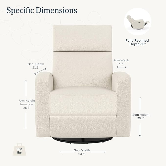 Nurture& The Glider Plus - Premium Nursery Power Recliner | Swivel Chair with Adjustable Head Support | Adjustable Lumbar Support Built in USB The Ultimate Comfort for Nursing, Relaxing (Boucle Creme)