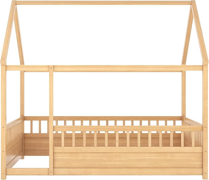 Full Size House Bed with High Fence for Kids,Full Floor Bed Frame, Kids Montessori Bed Full Size,Solid Wood House Bed Frame for Boys,Girls,Natural