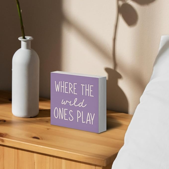 Where The Wild Ones Play Purple Wood Box Sign Desk Decor 5X5, Nursery Kids Room Wooden Block Sign Decorations for Playroom Toddler Boys Girls Room Wall Tabletop Shelf Decor