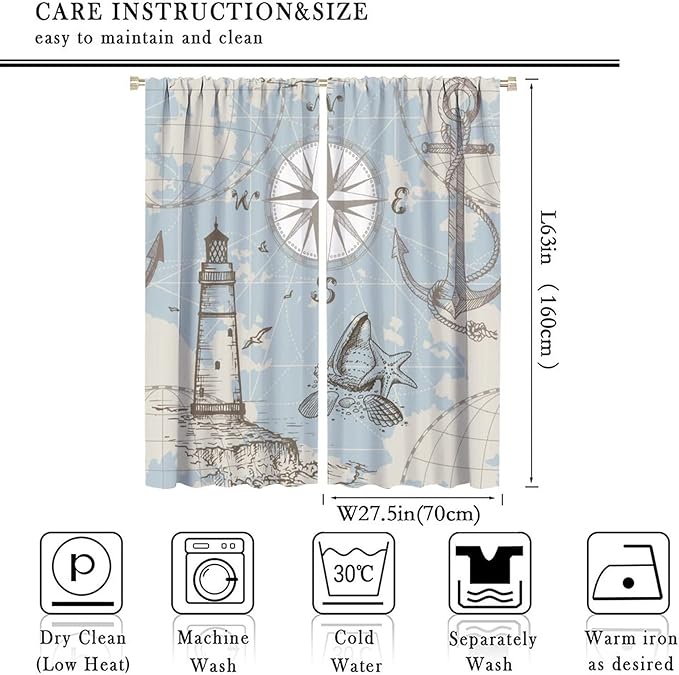 Nautical Theme Window Draperies, Pirate Sailboat Curtains for Bedroom & Living Room, Ocean Window Treatment - 2 Panels, 55x63 Inches