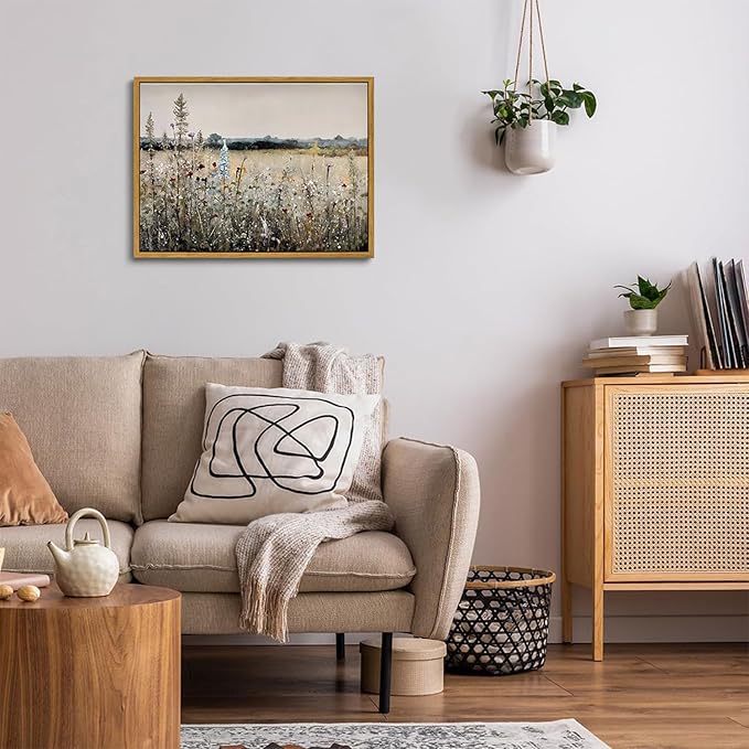 OIQArtOIQ Vintage Wildflowers Landscape Wall Art Framed Floral Natural Scenery Oil Painting Canvas Prints Country Farmhouse Decor Pictures Kitchen Bedroom Living Room Bathroom